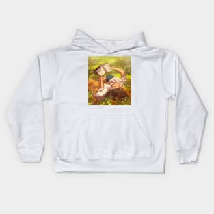 Girl reading book with cat laying on grass Kids Hoodie